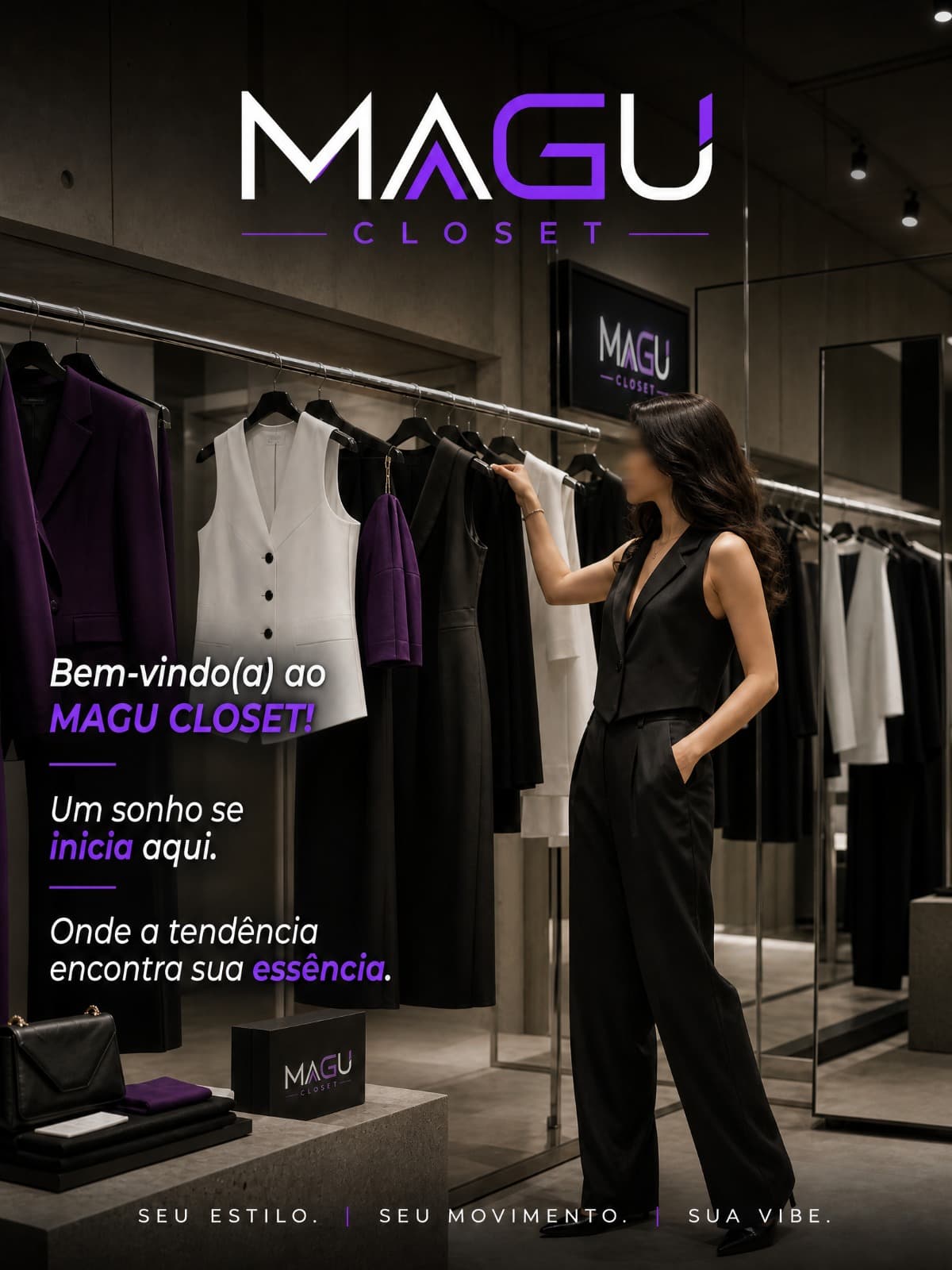 Interior da loja Magu Closet, com araras de alfaiataria preta, branca e roxa
