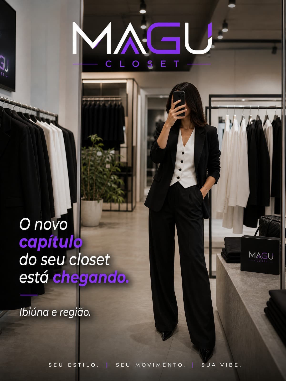 Modelo de alfaiataria preta e colete branco diante do espelho da loja