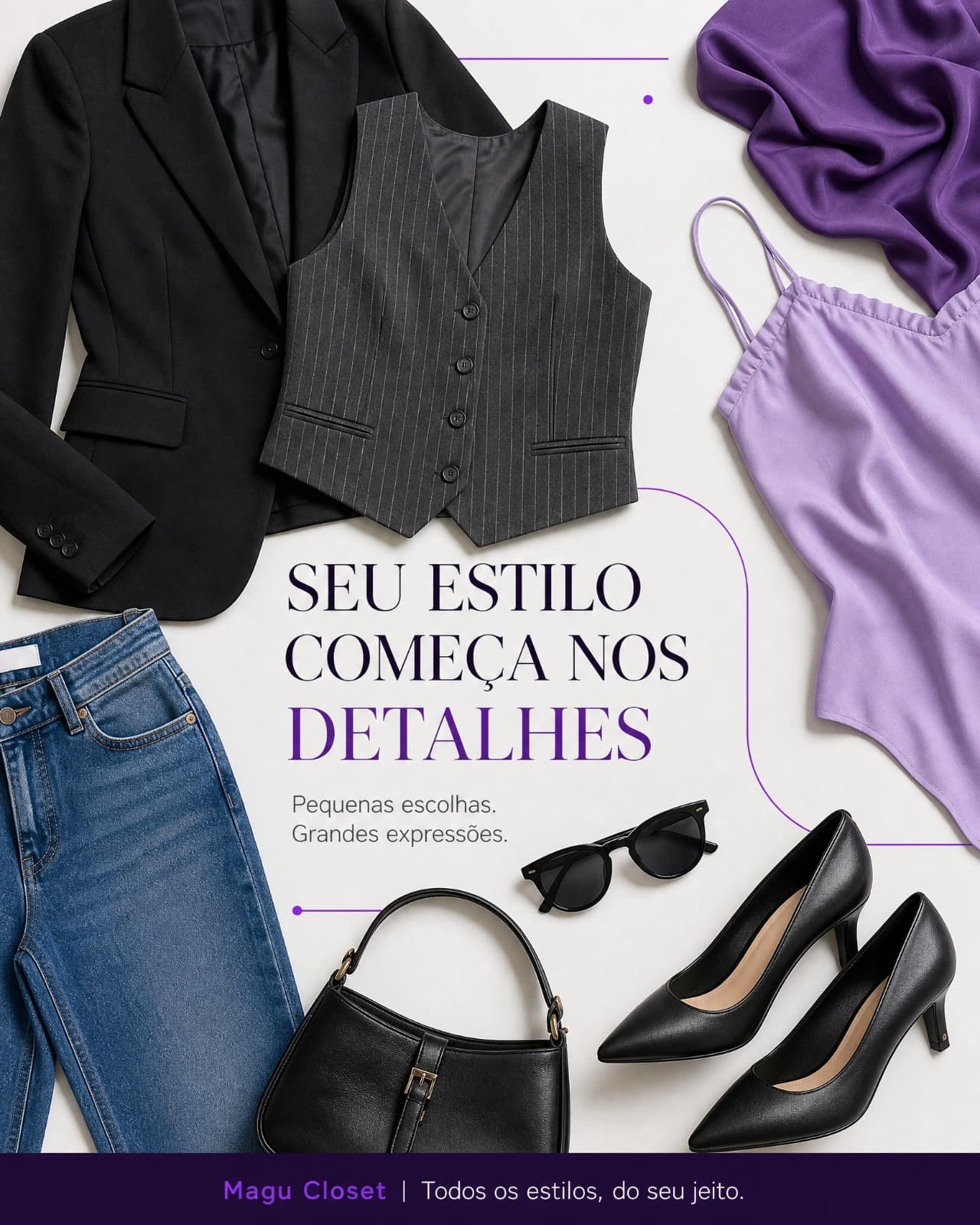 Peças e acessórios sobre fundo claro: blazer, colete risca de giz, jeans e scarpins