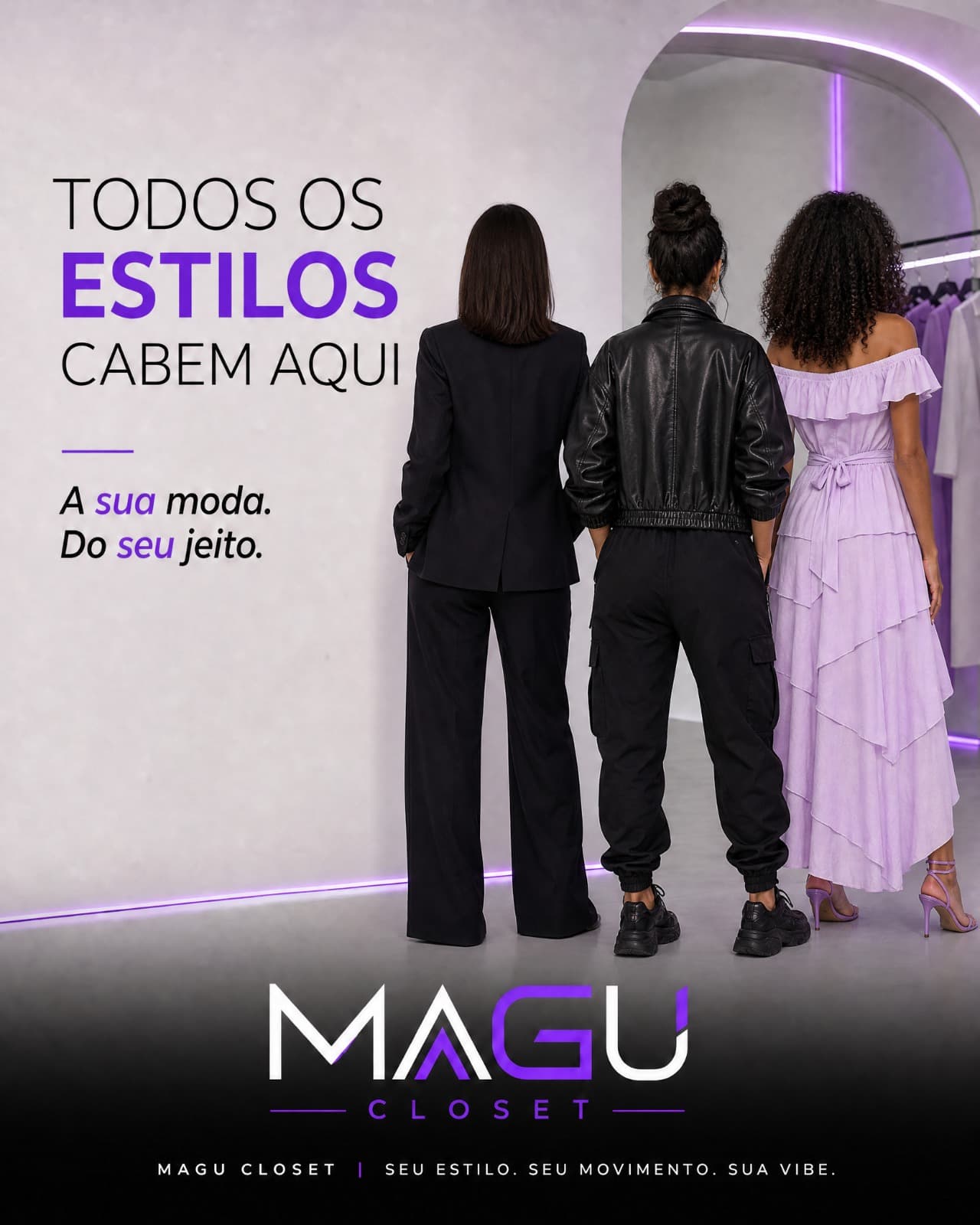 Três mulheres de costas: alfaiataria preta, jaqueta de couro e vestido lilás