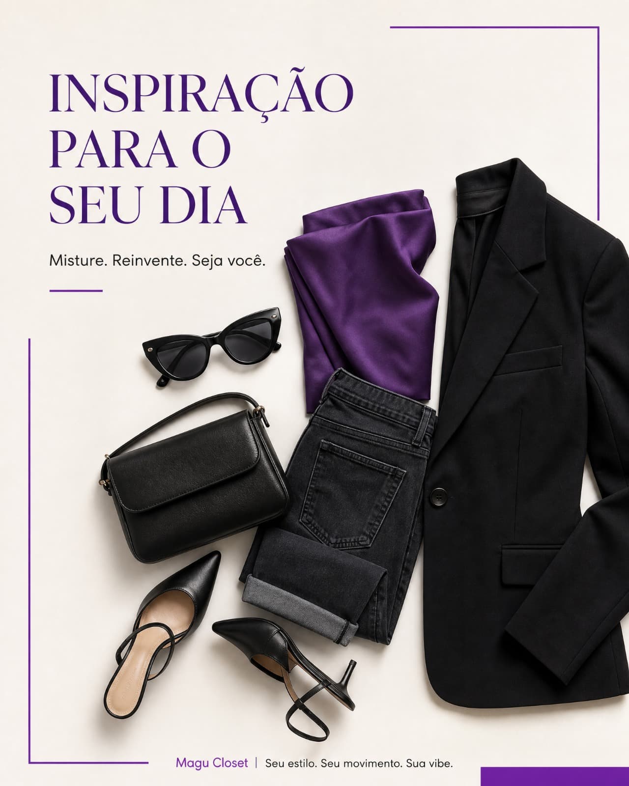 Composição com blazer preto, blusa de cetim roxa, jeans escuro, bolsa e scarpins